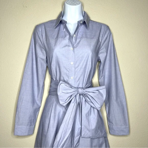 J CREW Blue Tie-Waist Shirtdress in End-On-End Cotton - J5419 - Sz 0 - Picture 5 of 13